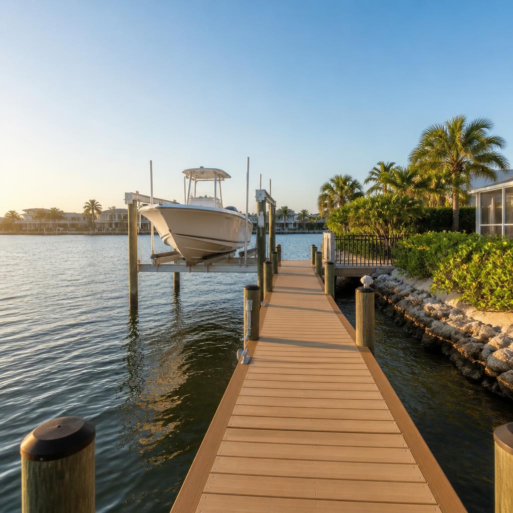 Custom dock with boat lift on calm coastal water